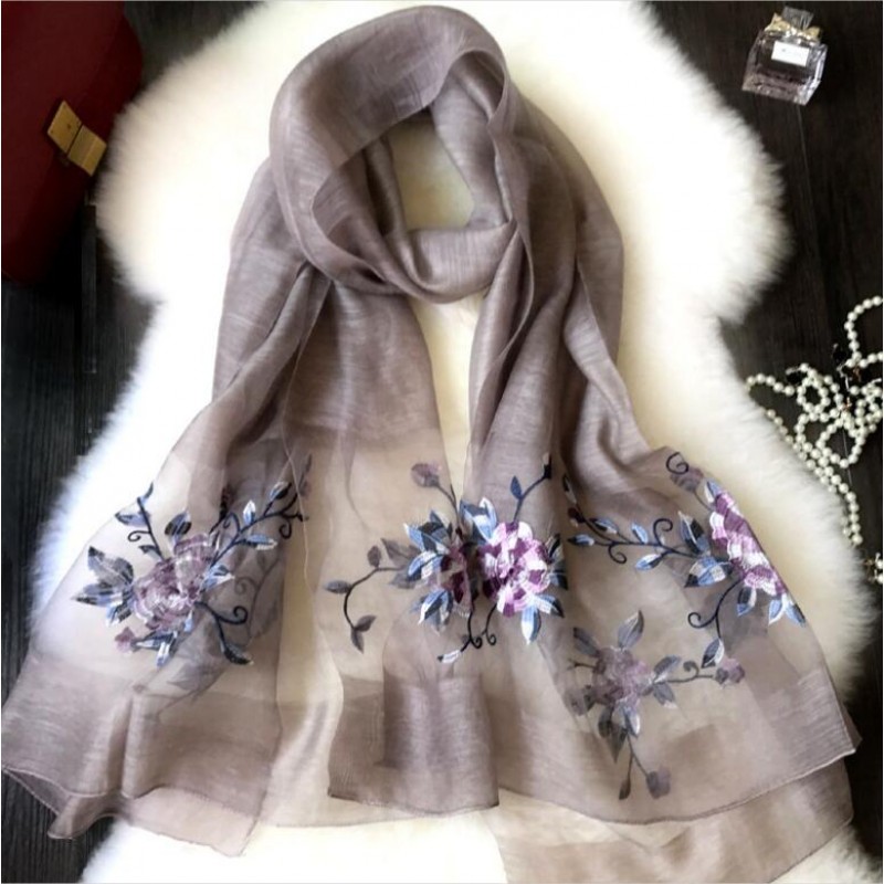 Wool Silk Scaves Black Embroidery Women Summer Scarf